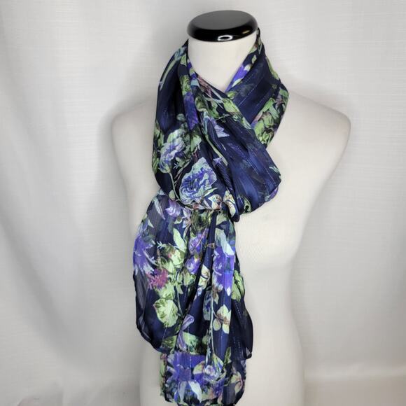 Floral Navy, Green, Purple Semi-Sheer Long Scarf in Silky Fabric - Picture 1 of 6